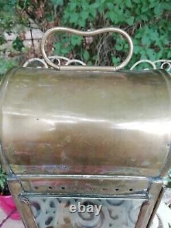 Large Antique Brass Glass Panel Carriage Lamp Lantern Circa 1900