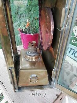 Large Antique Brass Glass Panel Carriage Lamp Lantern Circa 1900