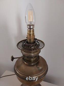 Large Antique Brass Oil Lamp Electric Converted White Patterned Glass Shade