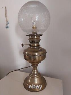 Large Antique Brass Oil Lamp Electric Converted White Patterned Glass Shade