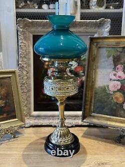 Large Antique Victorian Duplex Brass Oil Lamp Green Coloured Glass Shade