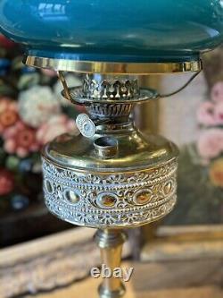 Large Antique Victorian Duplex Brass Oil Lamp Green Coloured Glass Shade