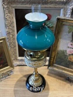 Large Antique Victorian Duplex Brass Oil Lamp Green Coloured Glass Shade