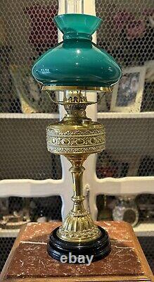 Large Antique Victorian Duplex Brass Oil Lamp Green Coloured Glass Shade