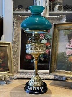 Large Antique Victorian Duplex Brass Oil Lamp Green Coloured Glass Shade