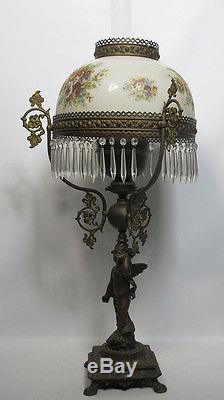Large Antique Victorian Ornate Putti Base Oil Lamp Hand Painted Floral Shade yqz
