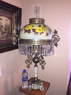 Large Antique Victorian Parlor Oil Lamp Hand Painted Glass Shade