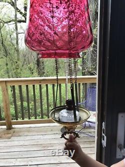 Large Cranberry Diamond Optic Glass Pull Down Hanging Oil Lamp Indoor & Outdoor