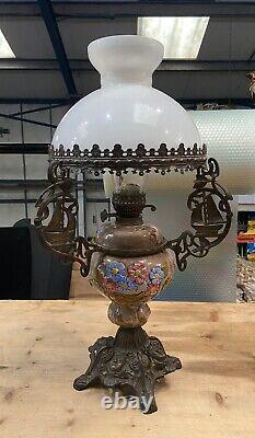 Large Metal And Ceramic Oil Lamp With Milk Glass Shade By Duplex 72cm