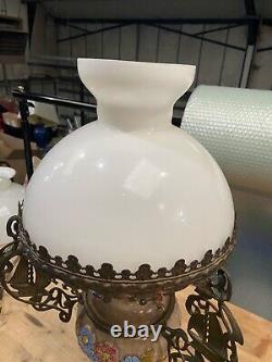 Large Metal And Ceramic Oil Lamp With Milk Glass Shade By Duplex 72cm