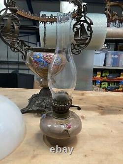 Large Metal And Ceramic Oil Lamp With Milk Glass Shade By Duplex 72cm