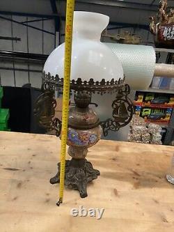 Large Metal And Ceramic Oil Lamp With Milk Glass Shade By Duplex 72cm