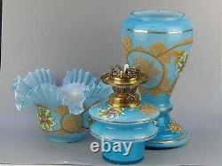 Large Opaline Blue glass Oil Lamp with enamel floral Decorations early 20th cent
