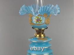 Large Opaline Blue glass Oil Lamp with enamel floral Decorations early 20th cent
