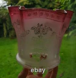 Large Original Oil Lamp Shade etched Cranberry 4 inch fitter