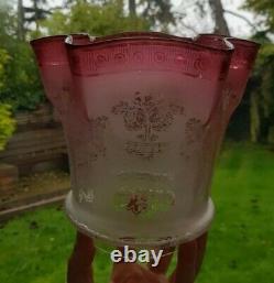 Large Original Oil Lamp Shade etched Cranberry 4 inch fitter