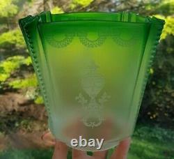 Large Original crimped pleat Green Oil Lamp Shade acid crystal etched 4 fitter