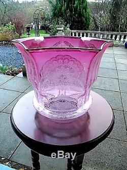 Large Superb Quality Cranberry/clear Etch Victorian Twin Duplex Oil Lamp Shade