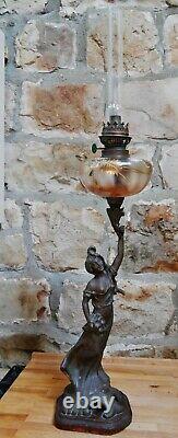 Large Tall Antique French Spelta Lady Oil Lamp By Rousseau