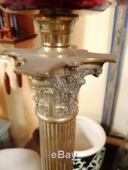 Large Victorian Corinthian column Cranberry Glass oil lamp