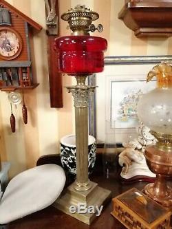 Large Victorian Corinthian column Cranberry Glass oil lamp