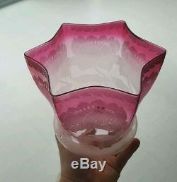 Large Victorian Lotus Flower Lily Pad Cranberry Pink Glass Oil Lamp Shade Duplex