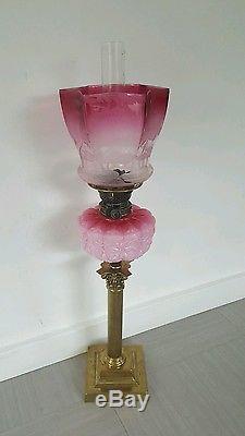 Large Victorian Lotus Flower Lily Pad Cranberry Pink Glass Oil Lamp Shade Duplex