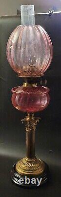 Large Victorian Oil Lamp, Brass Corinthian Column Cranberry Fount and Shade 71cm