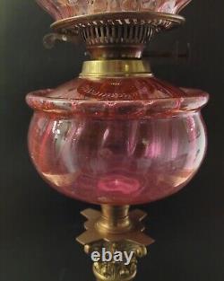 Large Victorian Oil Lamp, Brass Corinthian Column Cranberry Fount and Shade 71cm