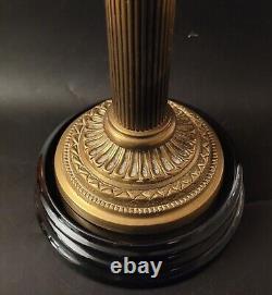 Large Victorian Oil Lamp, Brass Corinthian Column Cranberry Fount and Shade 71cm