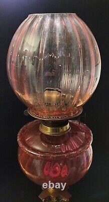 Large Victorian Oil Lamp, Brass Corinthian Column Cranberry Fount and Shade 71cm