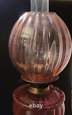 Large Victorian Oil Lamp, Brass Corinthian Column Cranberry Fount and Shade 71cm