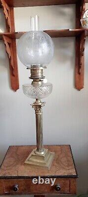 Large Victorian Oil Lamp With Brass Square Base And Corinthian Column. Pretty