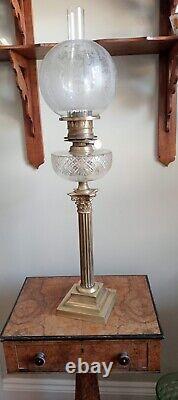 Large Victorian Oil Lamp With Brass Square Base And Corinthian Column. Pretty