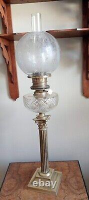 Large Victorian Oil Lamp With Brass Square Base And Corinthian Column. Pretty