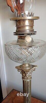 Large Victorian Oil Lamp With Brass Square Base And Corinthian Column. Pretty