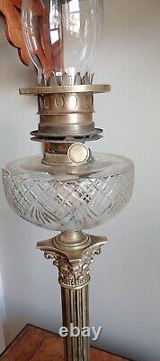 Large Victorian Oil Lamp With Brass Square Base And Corinthian Column. Pretty