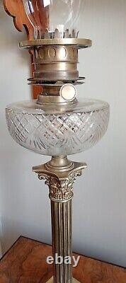 Large Victorian Oil Lamp With Brass Square Base And Corinthian Column. Pretty