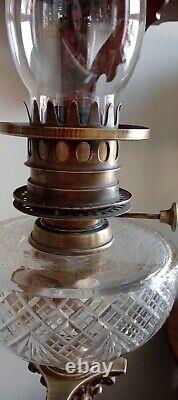 Large Victorian Oil Lamp With Brass Square Base And Corinthian Column. Pretty