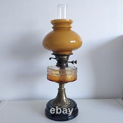 Large Victorian Oil Lamp with Amber Glass Shade, Antique