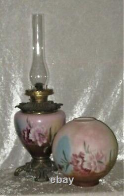 Large Victorian Original Antique GWTW Oil Table Lamp with Hand Painted Floral