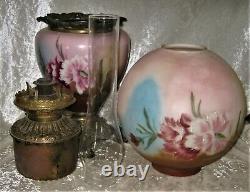 Large Victorian Original Antique GWTW Oil Table Lamp with Hand Painted Floral