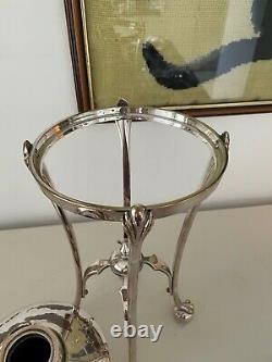 Large WAS BENSON silver plate oil lamp with font, lion paw feet