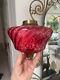 Large antique cranberry wrythen glass oil lamp font 7 ins