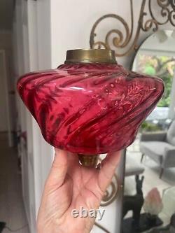 Large antique cranberry wrythen glass oil lamp font 7 ins