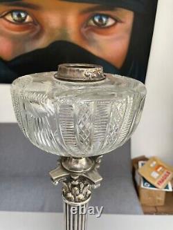 Large antique silver plate oil lamp and cut glass font