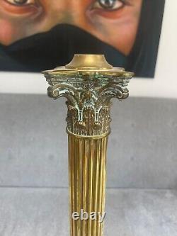 Large cast reeded column corinthian brass oil lamp base (scar)