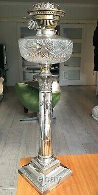 Large silver plate oil lamp with cut glass font and Hinks Burner silver plate