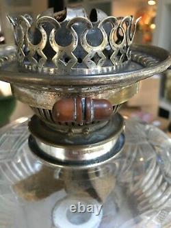 Large silver plate oil lamp with cut glass font and Hinks Burner silver plate