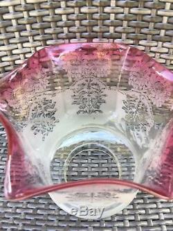 Large victorian cranberry etched oil lamp shade